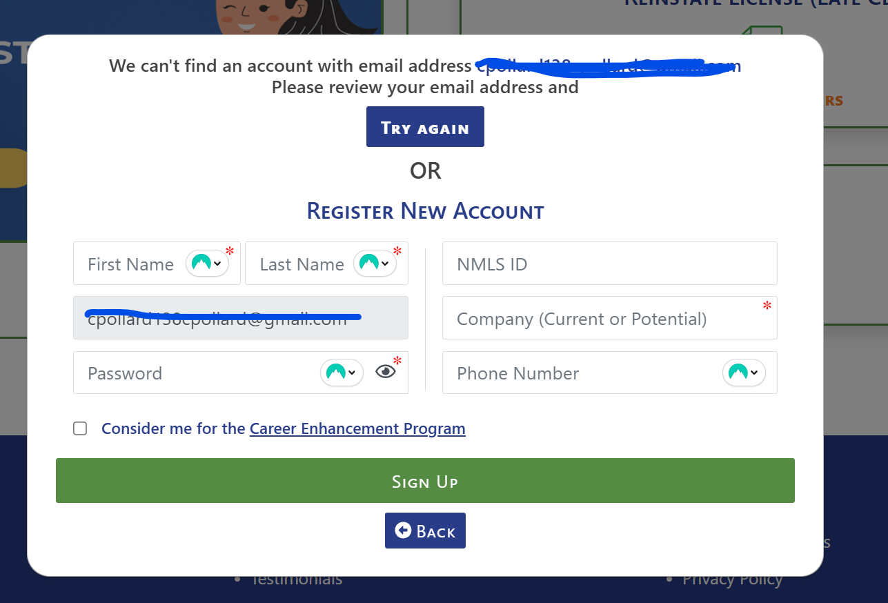 Login Error Screen